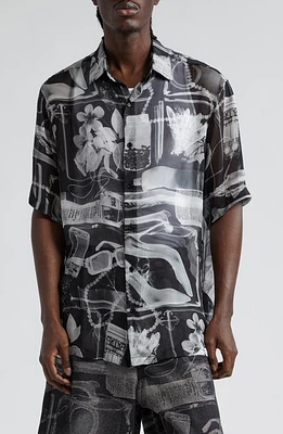 Off-White Oversize X-Ray Print Silk Chiffon Bowling Shirt Black White at Nordstrom,