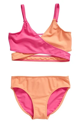 Nordstrom Kids' Crossover Two-Piece Swimsuit Pink Sunset- Coral Colorblock at Nordstrom,