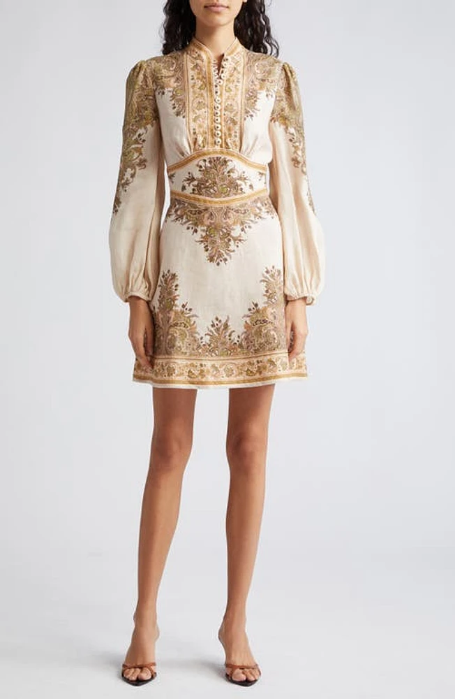 Zimmermann Natura Floral Paisley Long Sleeve Linen Mini Dress Khaki at Nordstrom,