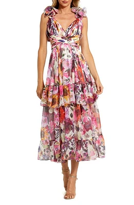 Mac Duggal Floral Ruffle Plissé Midi Cocktail Dress White Multi at Nordstrom,