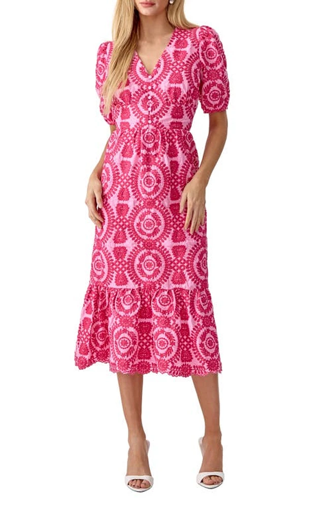 Adelyn Rae Luisa Embroidered Midi Dress in Pink/Magenta at Nordstrom, Size Medium