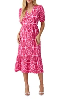 Adelyn Rae Luisa Embroidered Midi Dress in Pink/Magenta at Nordstrom, Size Medium