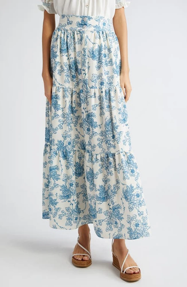 Loretta Caponi Nuvola Floral Tiered Crepe Maxi Skirt Poppies The Air at Nordstrom,