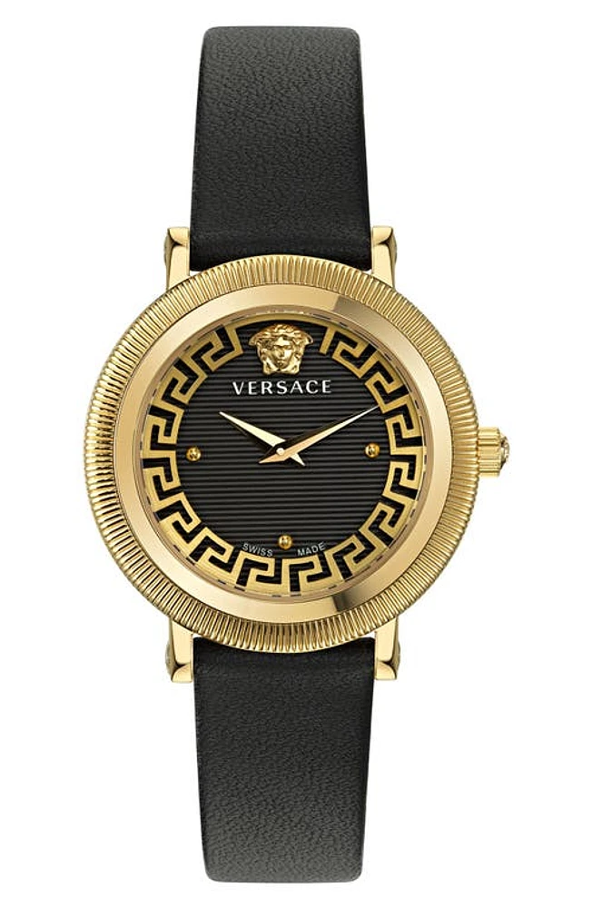 Versace Greca Flourish Leather Strap Watch, 35mm in Ip Yellow Gold at Nordstrom