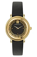 Versace Greca Flourish Leather Strap Watch, 35mm in Ip Yellow Gold at Nordstrom