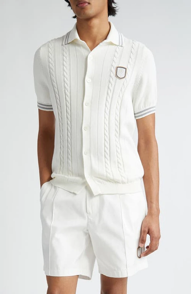 Brunello Cucinelli Cable Stitch Short Sleeve Cotton Button-Up Sweater Cbq12 Panama/grigio/bianco at Nordstrom,