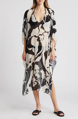 Nordstrom Pleated Sheer Caftan in Black Etched Blooms at Nordstrom