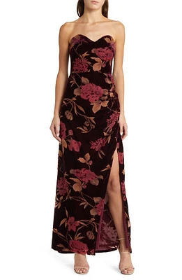 Lulus Exquisite Floral Velvet Burnout Strapless Gown in Plum Purple Floral Print at Nordstrom, Size X-Small