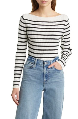 FRAME Stripe Boat Neck Wool, Cashmere & Silk Rib Sweater Black/white Multi at Nordstrom,