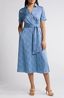 Tahari ASL Geo Print Short Sleeve Midi Shirtdress Aqua Lime at Nordstrom,