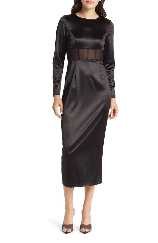 Area Stars Illusion Waist Long Sleeve Satin Midi Dress in Black at Nordstrom, Size Medium