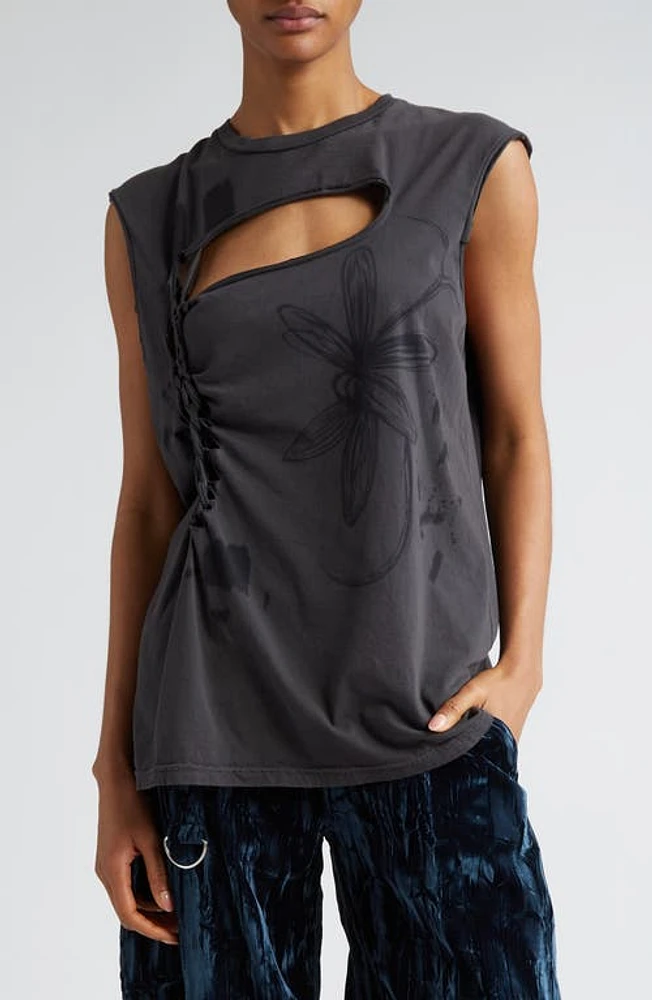 Collina Strada Nash Embellished Organic Cotton Tank in Flower Burst Black at Nordstrom, Size X-Small