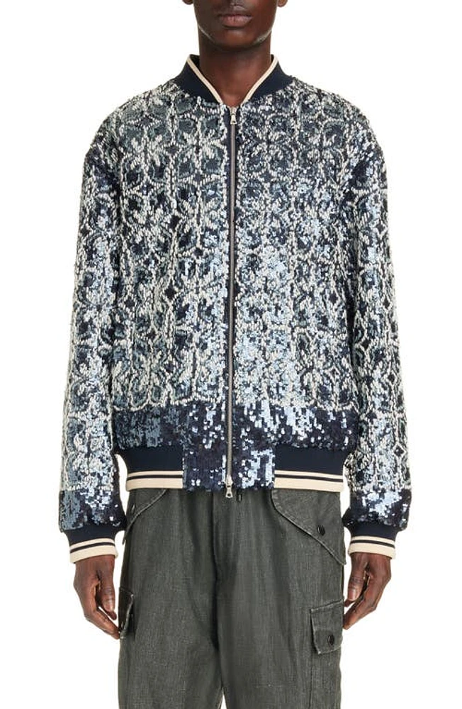 Dries Van Noten Volker Sequin Embroidered Bomber Jacket Midnight at Nordstrom,