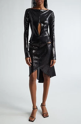 Courrèges Ellipse Asymmetric Sequin Long Sleeve Cutout Handkerchief Hem Dress Black at Nordstrom, Us