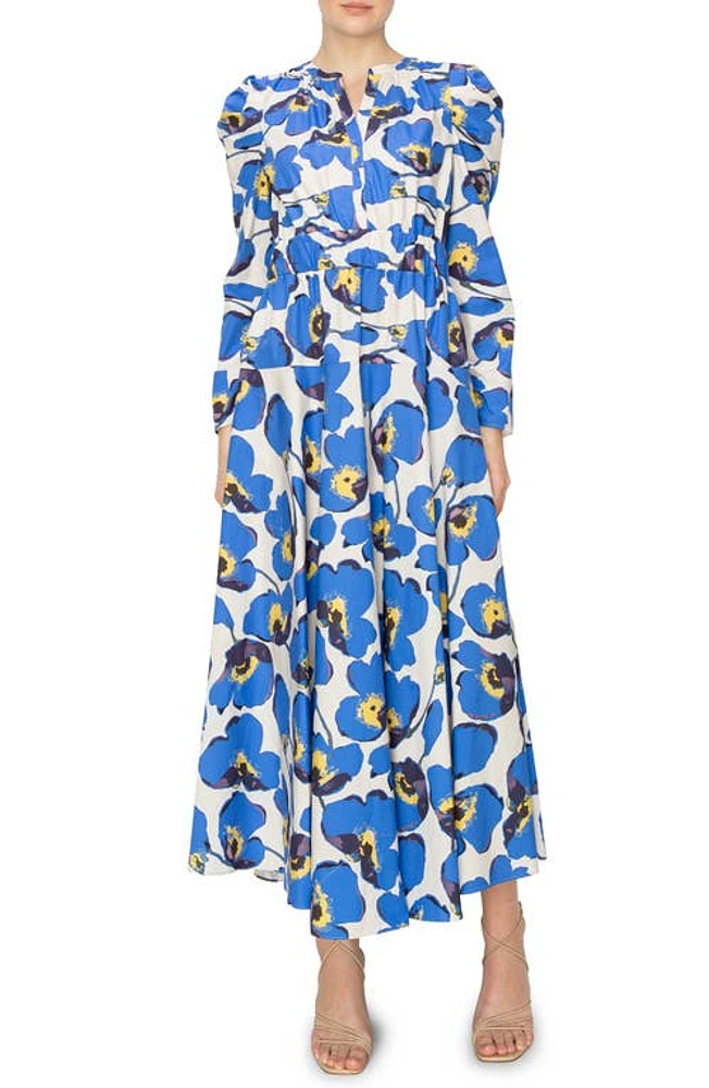 MELLODAY Floral Print Belted Long Sleeve A-Line Dress Bone Blue at Nordstrom,