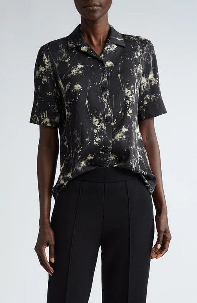 Lafayette 148 New York Slim Fit Print Notch Collar Short Sleeve Button-Up Shirt Black Multi at