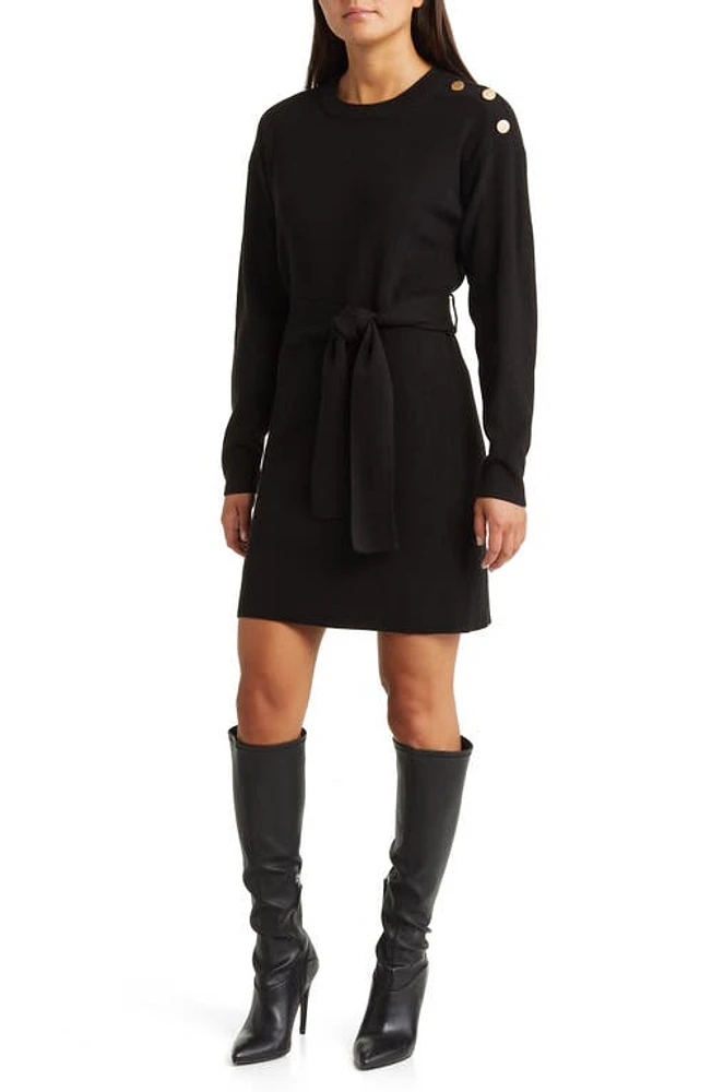 Charles Henry Long Sleeve Belted Mini Sweater Dress Black at Nordstrom,