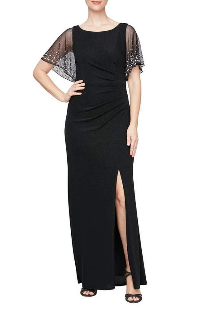 Alex Evenings Embellished Metallic Flutter Sleeve Trumpet Gown in Black at Nordstrom, Size 10