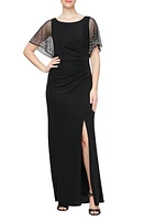 Alex Evenings Embellished Metallic Flutter Sleeve Trumpet Gown in Black at Nordstrom, Size 10