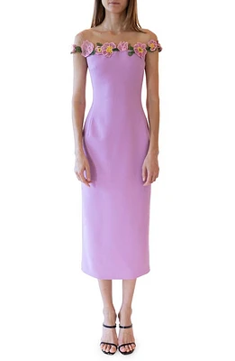 Oscar de la Renta Embroidered Poppy Illusion Neck Virgin Wool Blend Dress Lupine at Nordstrom,