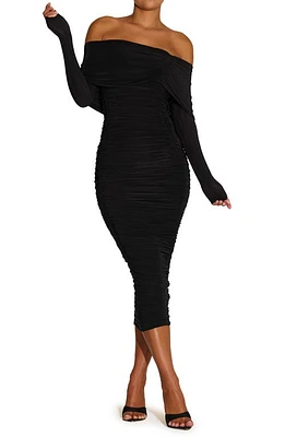 Naked Wardrobe Ruched Long Sleeve Off the Shoulder Midi Dress in Black at Nordstrom, Size X-Small