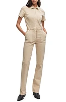 MANGO Short Sleeve Denim Jumpsuit Sand at Nordstrom,