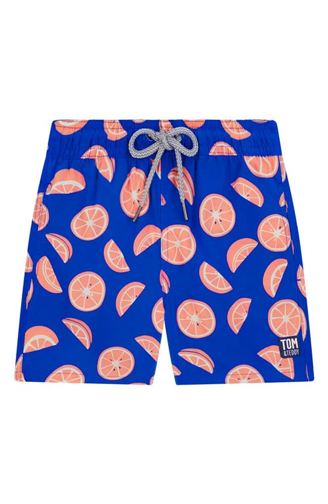 Tom & Teddy Kids' Citrus Print Swim Trunks Cobalt Pink at Nordstrom, Y