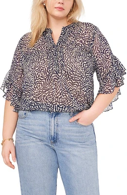 Vince Camuto Abstract Floral Flutter Sleeve Top Classic Navy at Nordstrom,