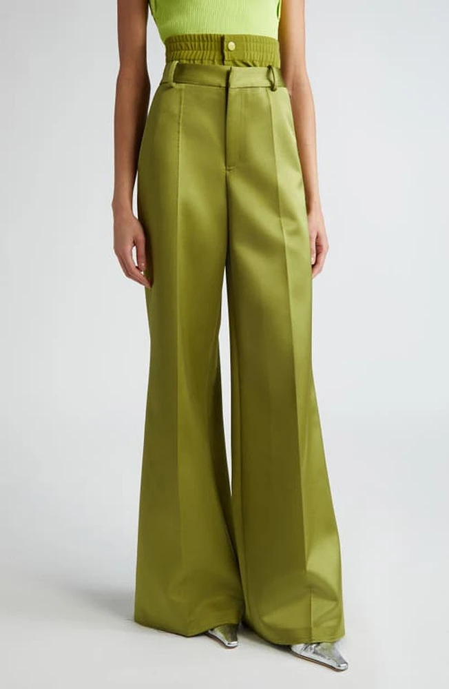 MONSE Double Waistband Satin Flare Leg Pants Olive at Nordstrom,