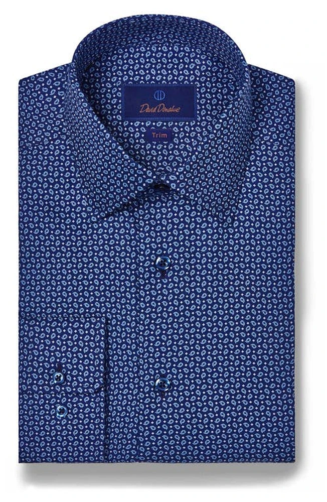 David Donahue Trim Fit Paisley Dress Shirt Navy at Nordstrom, 