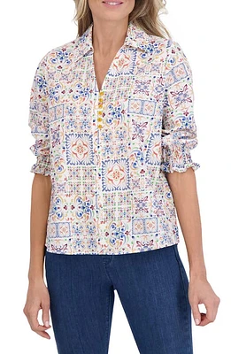 Foxcroft Alexis Watercolor Print Cotton Popover Top White Multi at Nordstrom,