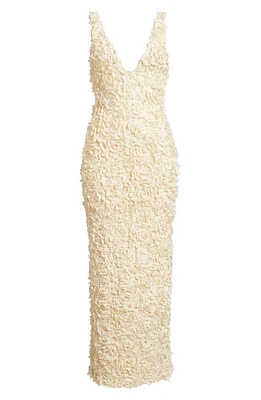 HOUSE OF CB Carena 3D Floral Appliqué Plunge Neck Gown Bleached Sand at Nordstrom,