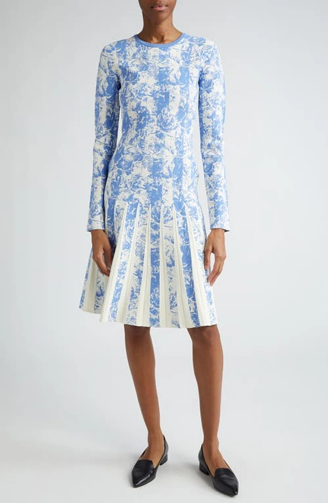 Lela Rose Floral Stripe Pleated Long Sleeve Jacquard Dress Oxford at Nordstrom,