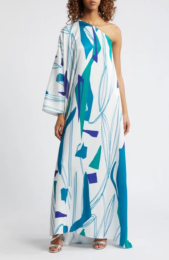 DIARRABLU Satu Printed One-Shoulder Long Sleeve Maxi Dress Blue at Nordstrom,