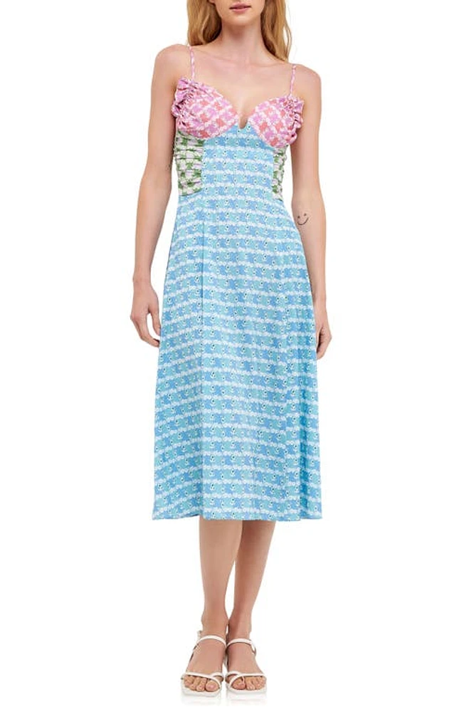 English Factory Floral Satin Dress Blue Multi at Nordstrom,