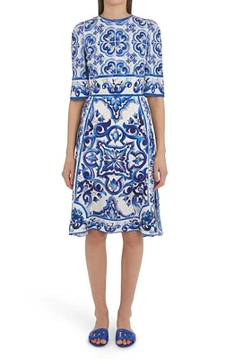 Dolce & Gabbana Majolica Stretch Silk Charmeuse Dress in Navy White at Nordstrom, Size 2 Us