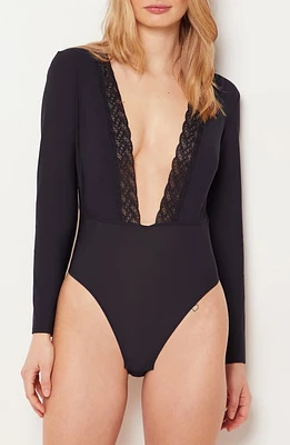 Etam Intuition Lace Trim Long Sleeve Bodysuit Black at Nordstrom,