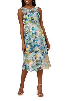 Adrianna Papell Floral Embroidered Fit & Flare Dress Blue/Ivory Multi at Nordstrom,