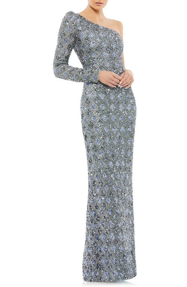 Mac Duggal Sequin Long Sleeve One-Shoulder Gown Slate Grey at Nordstrom,