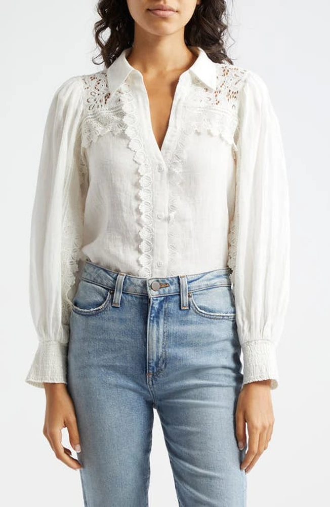 Alice + Olivia Venty Lace Detail Linen Button-Up Shirt at Nordstrom,