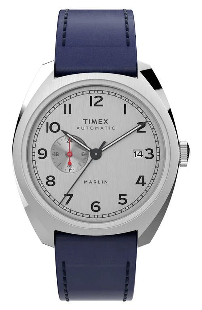 Timex Marlin Automatic Leather Strap Watch, 39mm in Blue at Nordstrom