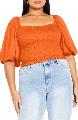 City Chic Poppie Smocked Puff Sleeve Top Tangerine Tango at