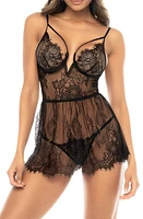 Mapale Underwire Eyelash Lace Babydoll & G-String Set Black at Nordstrom