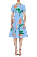 Carolina Herrera Floral Print Jacquard Knit Fit & Flare Dress Lake Blue Multi at Nordstrom,