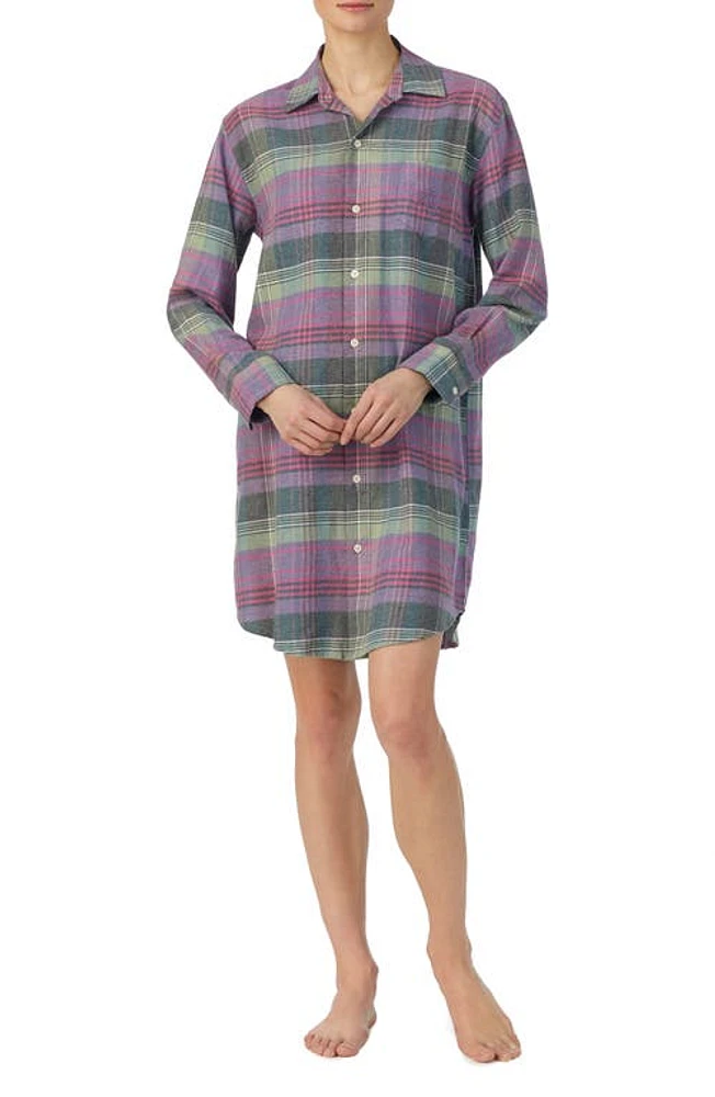 Lauren Ralph Lauren Long Sleeve Cotton Blend Nightshirt in Purple Plaid at Nordstrom, Size Small