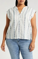 Liverpool Los Angeles Stripe Cap Sleeve Linen Blend Button-Up Top Novelty Cream at Nordstrom,