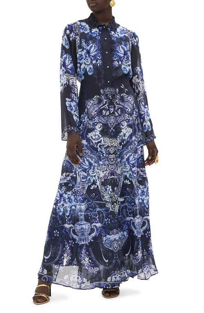 Camilla Floral Cutwork Lace Collar Long Sleeve Silk Shirtdress Delft Dynasty at Nordstrom,