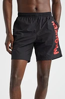 Alexander McQueen Graffiti Logo Swim Trunks Black/Lust Red at Nordstrom,