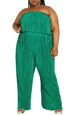 City Chic Hailee Strapless Plissé Jumpsuit Greenstone at