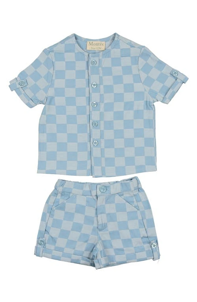 Manière Kids' Check Button-Up Shirt & Shorts Set Light Blue at Nordstrom,